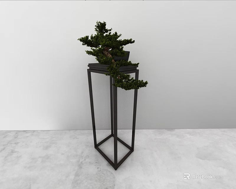 Black Metal Entryway Console Table With Bonsai Plant On Top Surface 3d model 
