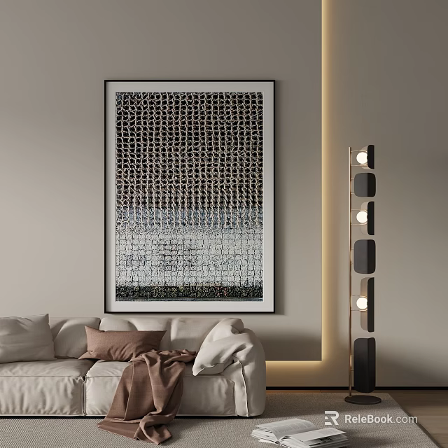 Modern Living Room Interior With Abstract Painting Floor Lamp And Beige Sofa 3d model 