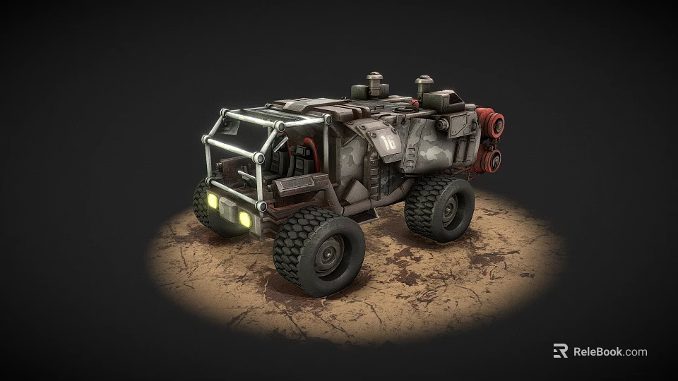 Armored Utility Vehicle with Rugged Design Large Tires and Storage Units on Sandy Terrain Illuminated 3d model 
