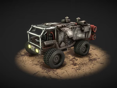 Armored Utility Vehicle with Rugged Design Large Tires and Storage Units on Sandy Terrain Illuminated 3d model