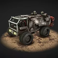 Armored Utility Vehicle with Rugged Design Large Tires and Storage Units on Sandy Terrain Illuminated