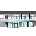 Modern Guesthouse Building With Dark Roof Large Windows And Balcony Under Blue Sky
