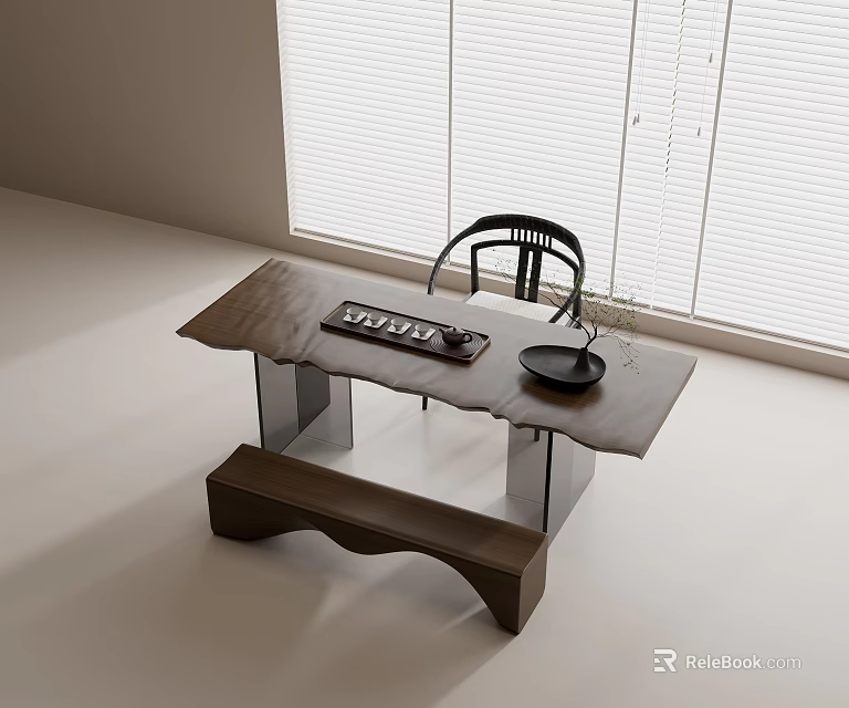 Minimalist Tea Table Set With Wooden Top And Black Chair Near Window 3d model 