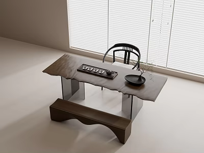Minimalist Tea Table Set With Wooden Top And Black Chair Near Window 3d model