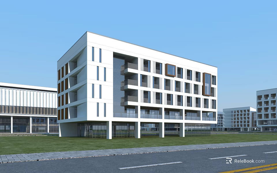 Modern School Building With White Exterior Multi Story Design Balconies Green Lawn And Campus Surroundings 3d model 