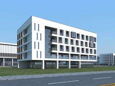Modern School Building With White Exterior Multi Story Design Balconies Green Lawn And Campus Surroundings 3d model