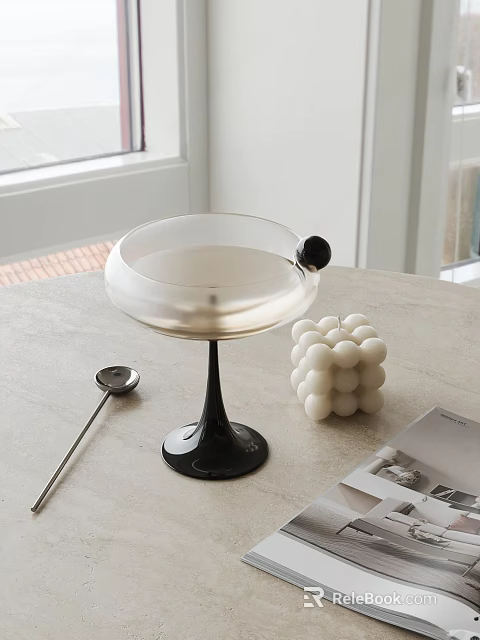 Elegant Martini Glass With Silver Spoon White Decorative Balls On Light Tabletop By Window 3d model 
