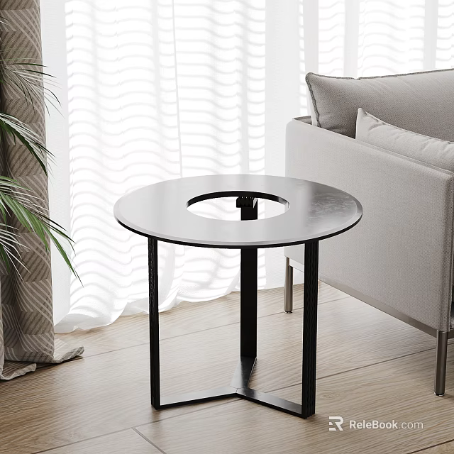 Modern Black Round Side Table With Hollow Center Top Beside Grey Sofa And White Curtains 3d model 
