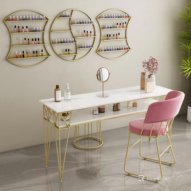 Elegant Dressing Table with White Countertop Gold Frame Pink Velvet Chair Round Mirror Skincare Products 3d model 