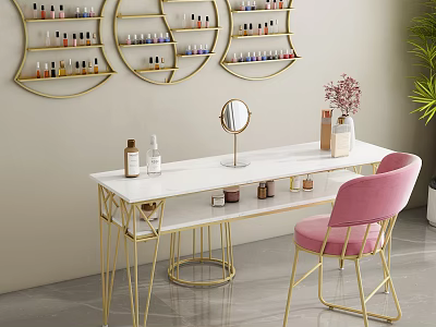 Elegant Dressing Table with White Countertop Gold Frame Pink Velvet Chair Round Mirror Skincare Products 3d model
