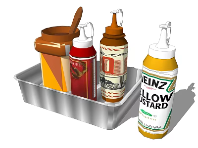 Assorted Condiment Bottles In Metal Tray Including Ketchup Mustard And Syrup 3d model