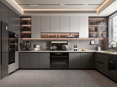 Modern Kitchen With Gray Black Cabinets Wall Mounted Shelves Appliances And Natural Light 3d model