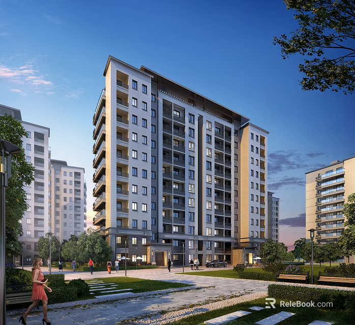 Modern High Rise Residential Building with Green Landscaping and Pedestrian Area 3d model 
