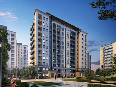 Modern High Rise Residential Building with Green Landscaping and Pedestrian Area 3d model