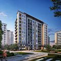 Modern High Rise Residential Building with Green Landscaping and Pedestrian Area