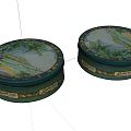 Decorative Ornament Set Featuring Two Circular Green Boxes With Palm Tree Patterns