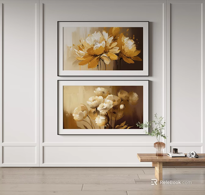 Two Framed Floral Paintings with Yellow Flowers Hanging on Light Background Wall 3d model 