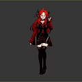 Fantasy Character With Red Long Hair Red Horns Black Red Plaid Skirt And Black Stockings