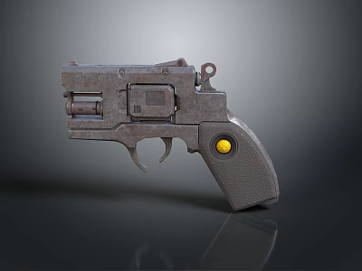 Rusty Vintage Revolver With Metallic Texture And Grip Featuring Yellow Dot On Dark Reflective Surface 3d model