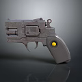 Rusty Vintage Revolver With Metallic Texture And Grip Featuring Yellow Dot On Dark Reflective Surface