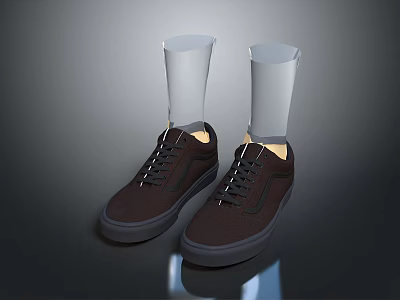 Pair of Brown Casual Shoes with White Socks Black Laces and Yellow Insoles 3d model