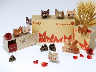 Cute Paper Cat Dolls with Wooden Boxes Pine Cones and Red Petals Near Wheat Ears 3d model