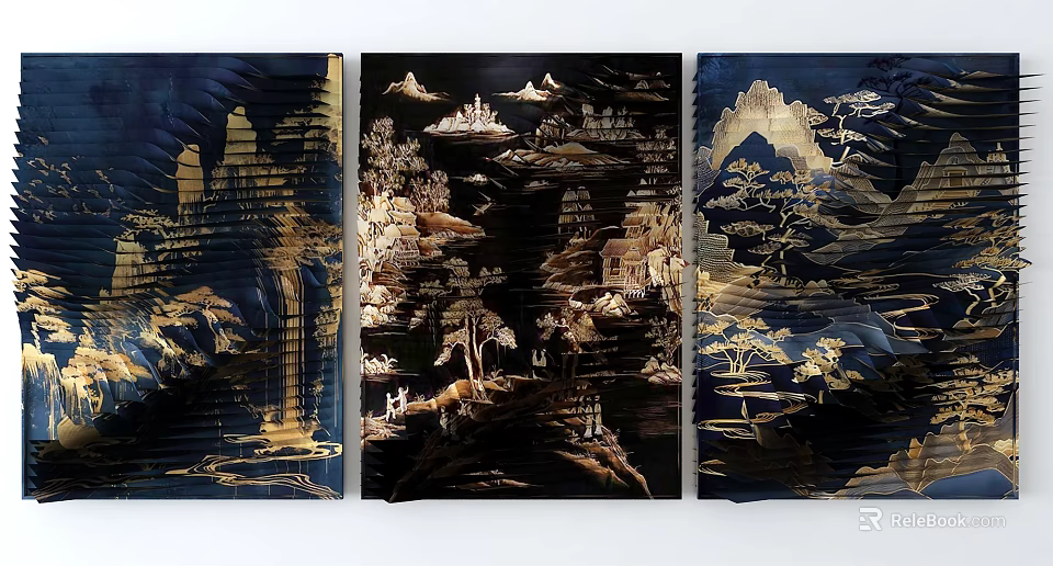Three Panel Chinese Landscape Wall Decor With Gold Accents And Traditional Scenery 3d model 