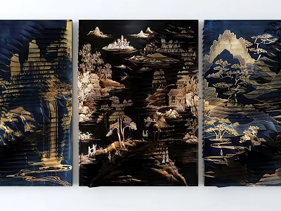 Three Panel Chinese Landscape Wall Decor With Gold Accents And Traditional Scenery 3d model