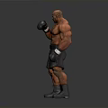 Shirtless Muscular Man in Boxing Stance Wearing Black Shorts and Gloves