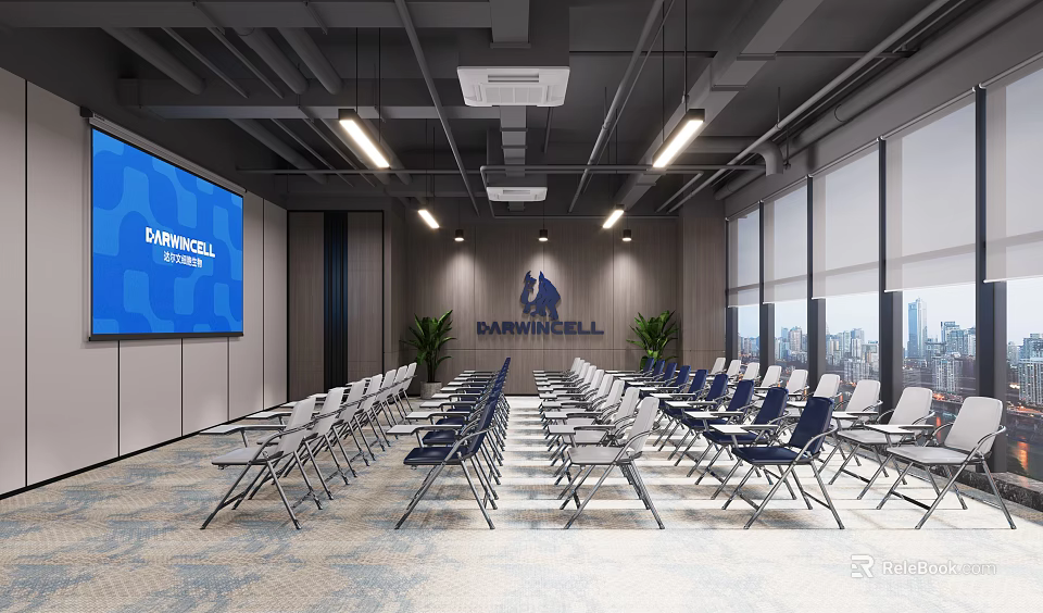 Conference Room with Large Screen Folding Chairs Wooden Walls Plants and City View Windows 3d model 
