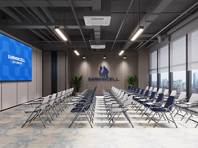 Conference Room with Large Screen Folding Chairs Wooden Walls Plants and City View Windows 3d model