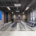 Conference Room with Large Screen Folding Chairs Wooden Walls Plants and City View Windows