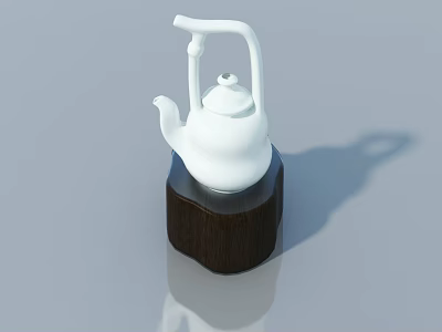 White Ceramic Teapot Placed On Dark Wooden Base With Gray Background 3d model