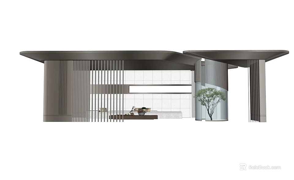 Modern Pergola With Striped Metal Structure And Indoor Green Plant 3d model 