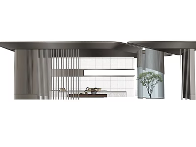 Modern Pergola With Striped Metal Structure And Indoor Green Plant 3d model