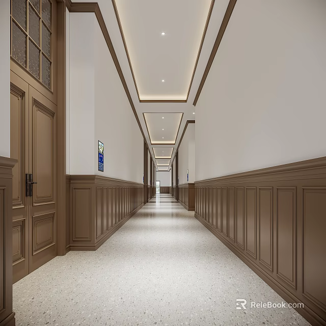 Elegant Elevator Hallway Design With Wooden Wall Panels And Ceiling Lights 3d model