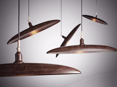 Minimalist Wooden Disc Shaped Multiple Pendant Lights Hanging From Ceiling With Warm Illumination 3d model