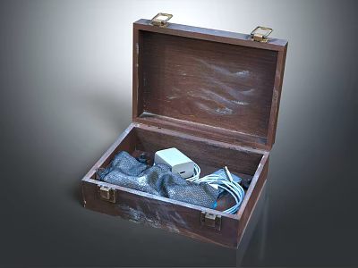 Open Wooden Box With Worn Surface Brass Clasps White Device Gray Cloth And Cables 3d model