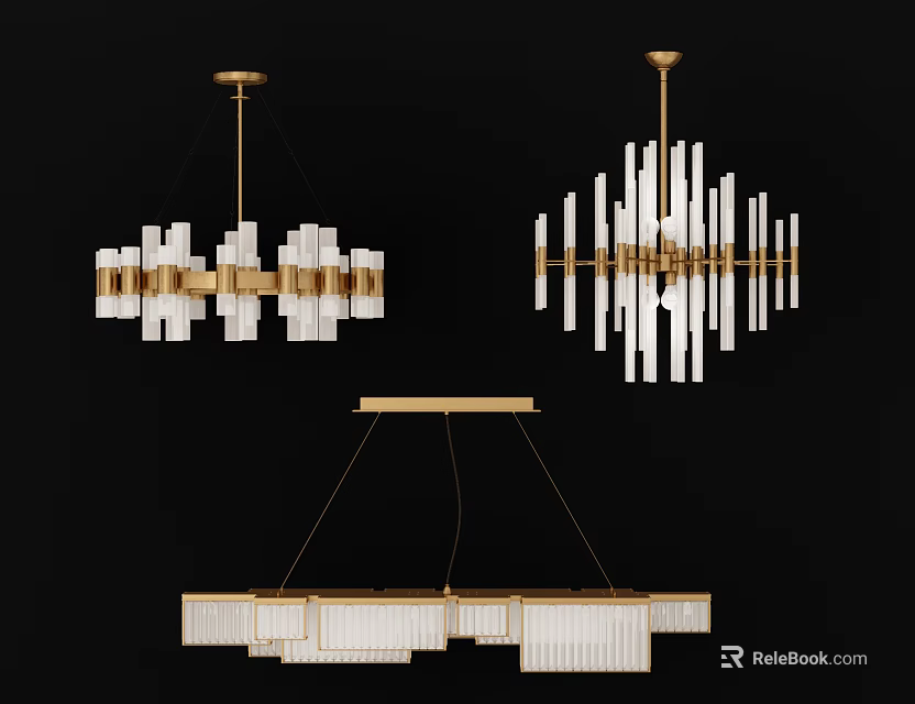 Elegant Modern Crystal Chandeliers With Golden Frames And Transparent Geometric Elements 3d model