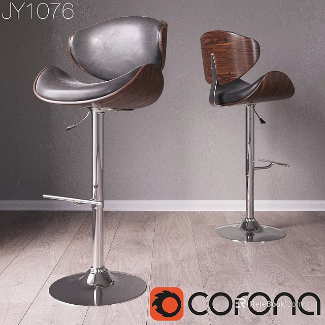 Modern Adjustable Bar Stools With Leather Seat Wooden Back Metal Base And Footrest 3d model 