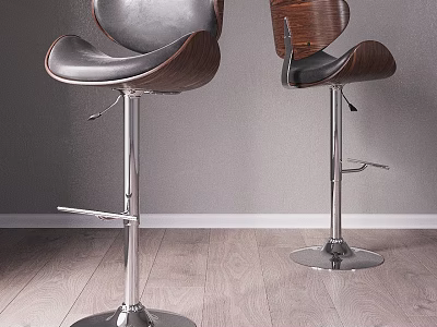 Modern Adjustable Bar Stools With Leather Seat Wooden Back Metal Base And Footrest 3d model