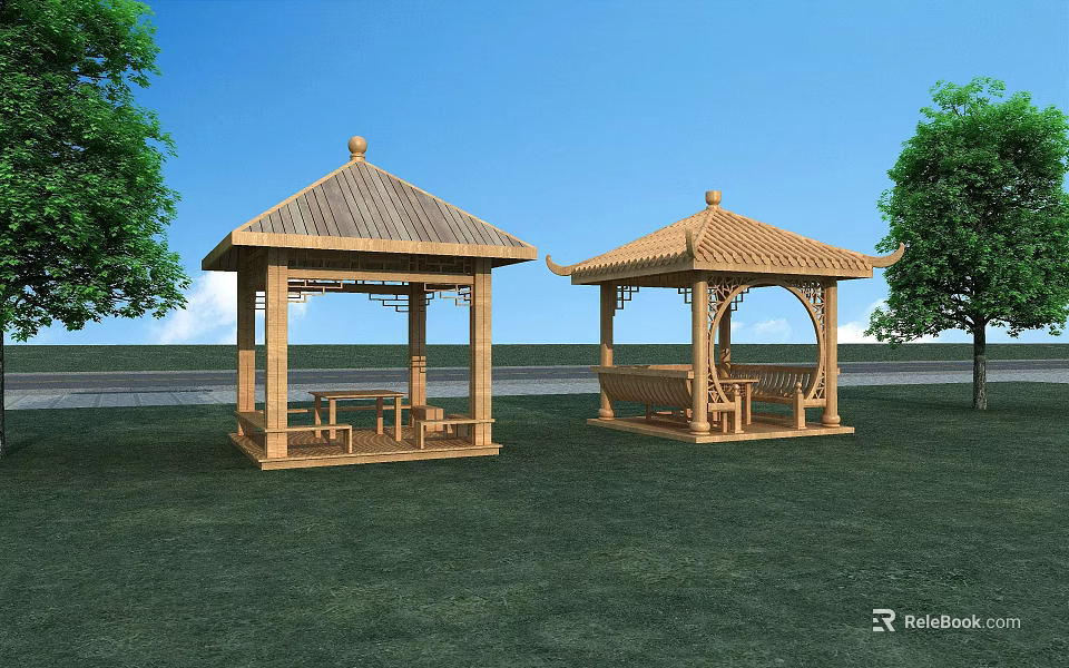 Garden Landscape With Two Wooden Pavilions Green Lawn And Trees Under Blue Sky 3d model 