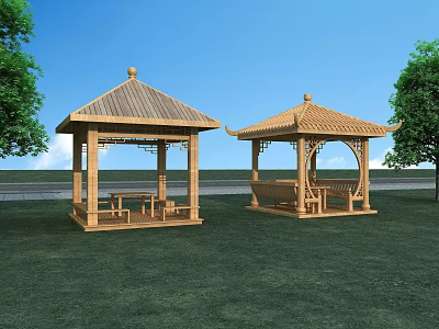 Garden Landscape With Two Wooden Pavilions Green Lawn And Trees Under Blue Sky 3d model