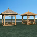 Garden Landscape With Two Wooden Pavilions Green Lawn And Trees Under Blue Sky