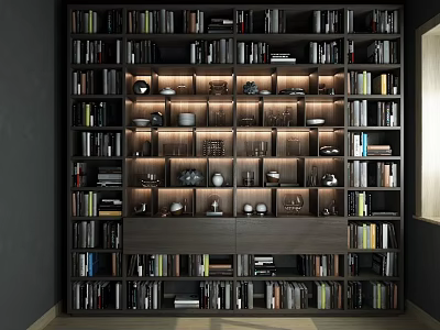 Modern Wooden Bookcase With Built in Lighting And Displayed Books Decorative Items 3d model