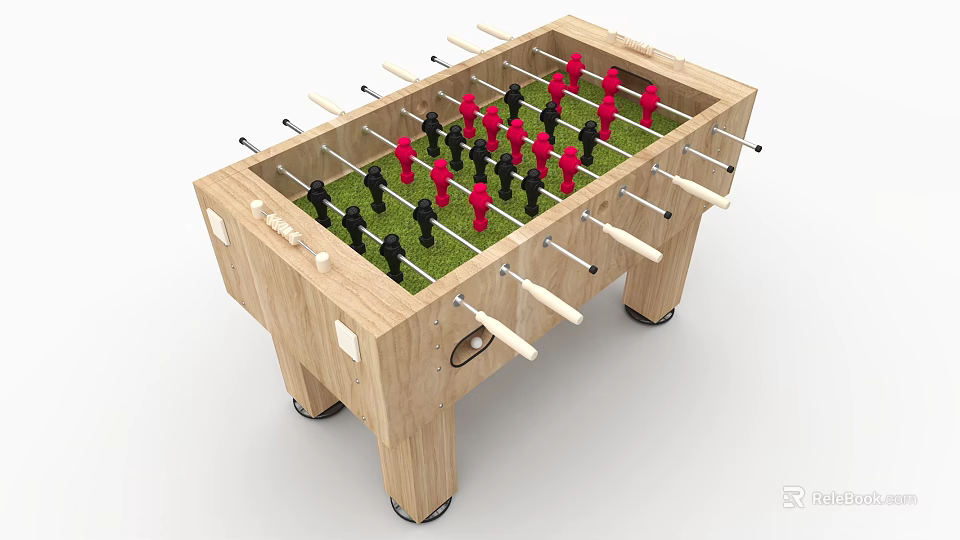 Wooden Foosball Table With Red Black Players Green Surface White Handles 3d model 