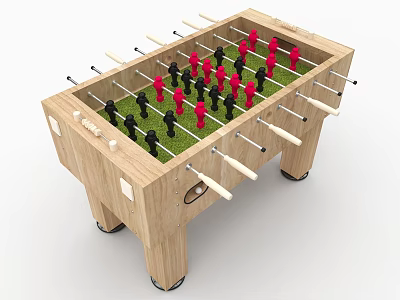 Wooden Foosball Table With Red Black Players Green Surface White Handles 3d model