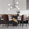 Modern Dining Table Set With Brown Leather Chairs And Geometric Pendant Light 3d model