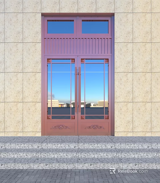 Double Doors With Copper Frame And Glass Panels On Stone Wall Exterior 3d model 