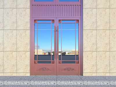 Double Doors With Copper Frame And Glass Panels On Stone Wall Exterior 3d model